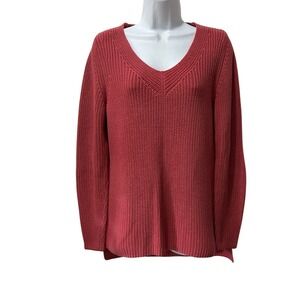 L.L. Bean medium cherry pink red cable knit Women's V-Neck Sweater Classic prep